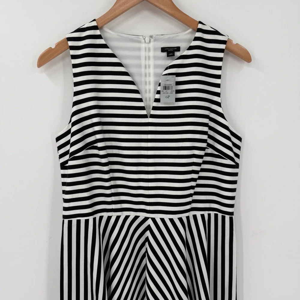 NWT Ann Taylor Petite 6P Black White Stripe Fit & Flare Dress - Picture 2 of 10